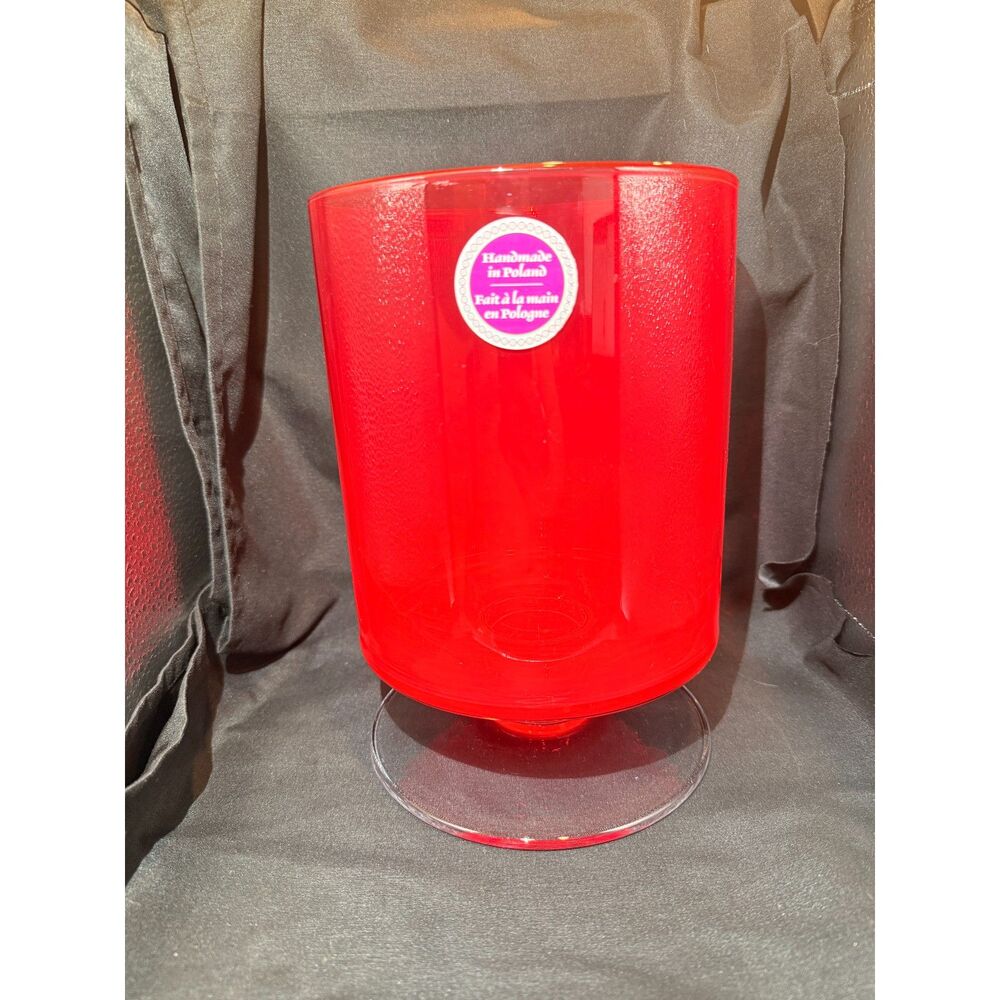 Vintage Handmade Poland Red Art Glass Covered Pedestal Jar